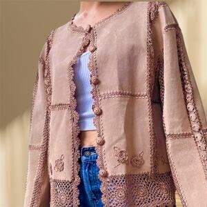Vintage S M J Suede & Crochet Cardigan Jacket Dusty Rose Women
Size XL